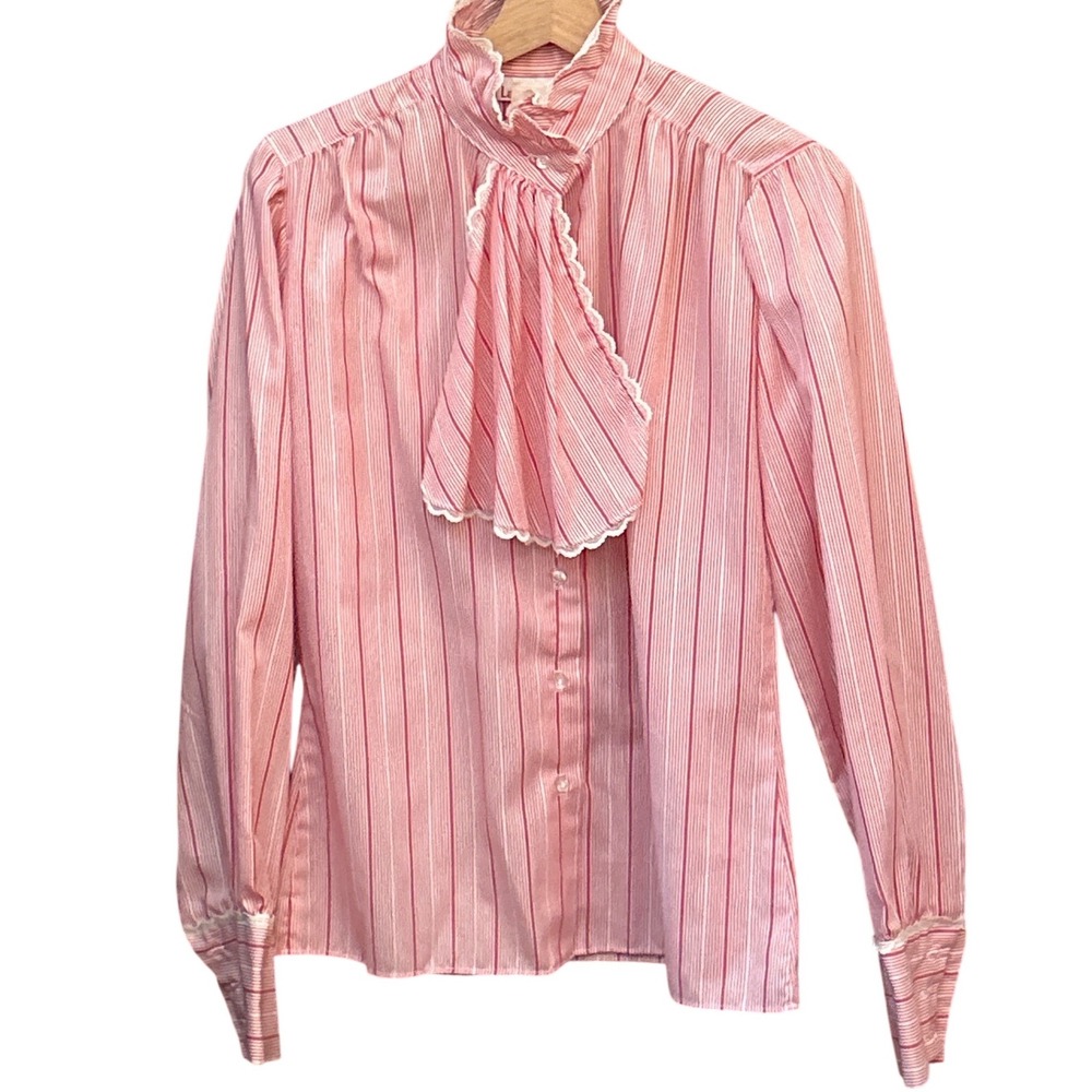 Vintage Laura Mae Jabot Blouse Victorian Ruffle Regencycore Striped Pink White